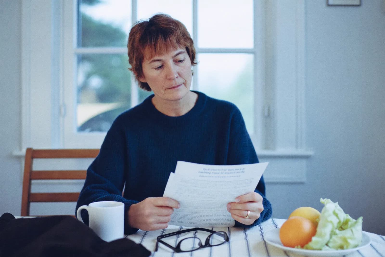 A woman reading her pension paperwork at a kitchen table in natural daylight